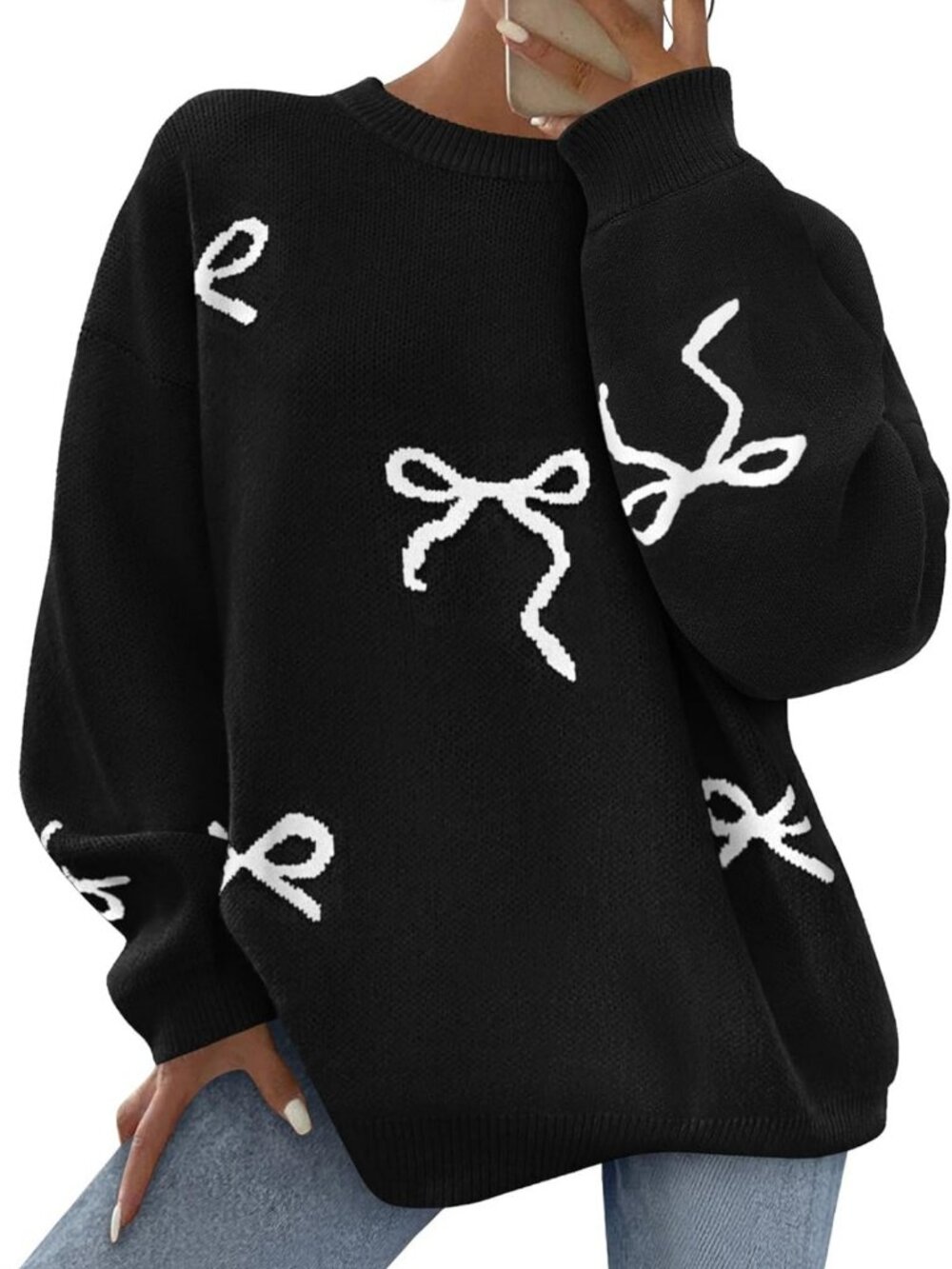 Cute Bow Oversized Sweater for Women | Long Sleeve Cozy Knit Top